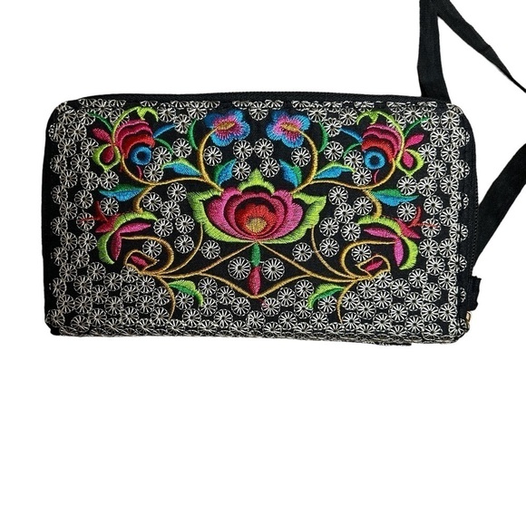 Embroidered Crossbody Wallet w/ Detachable Ribbon Style Strap - Picture 2 of 15